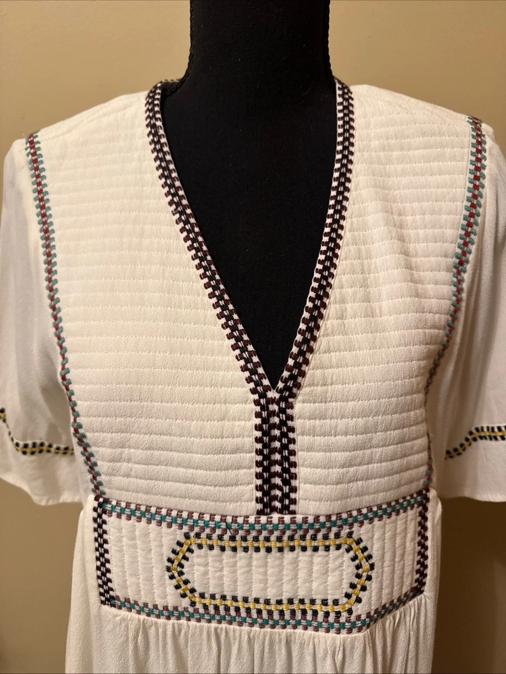 ba&sh White V-Neck Midi Dress with Navy and Gold Trim - Picture 2 of 7